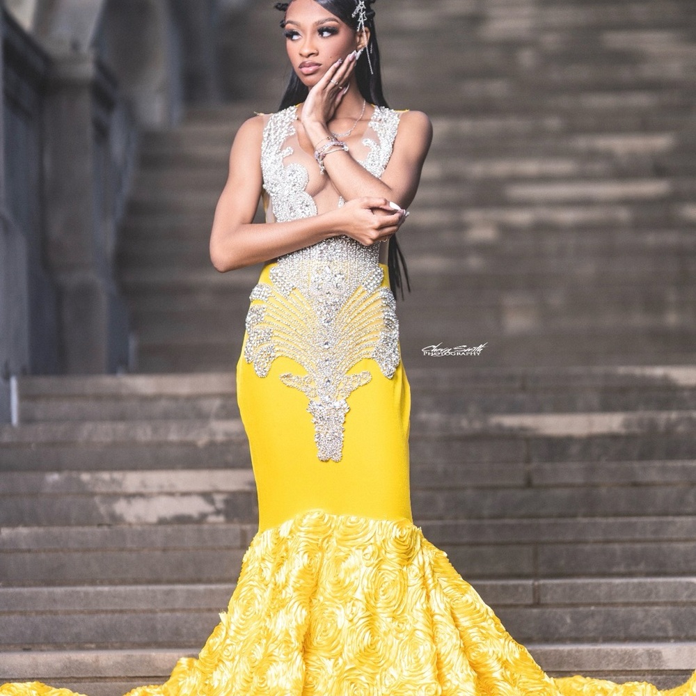Elegant Yellow and Silver Evening Gown